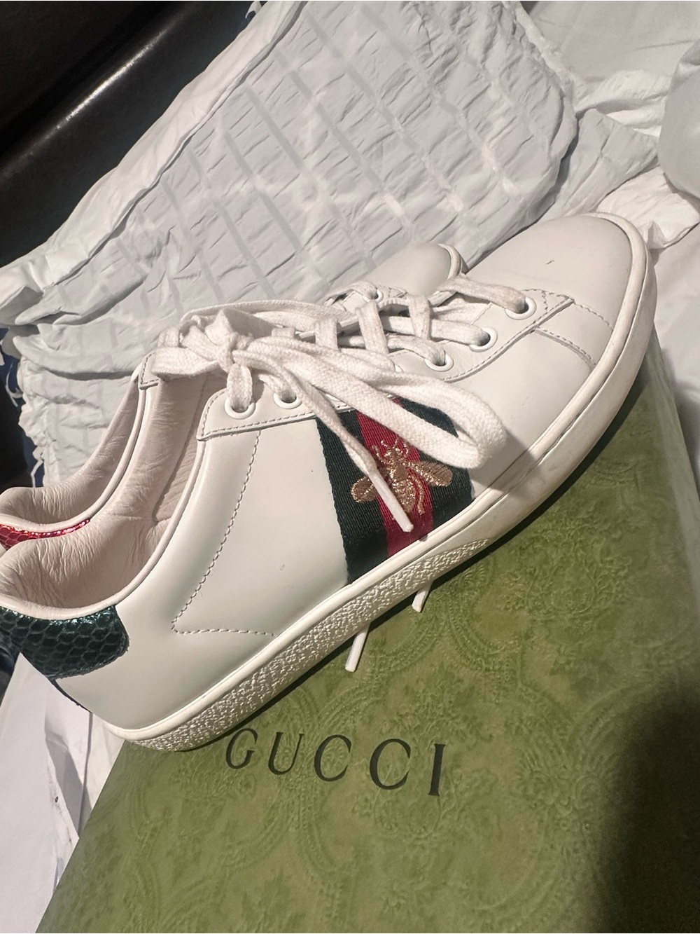 Gucci White Leather Sneakers with Green and Red Web Stripe and Gold Bee